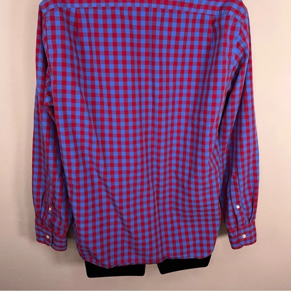 Large J Crew Mens Plaid Shirt Blue Red Cotton Button Front Long Sleeve Preppy